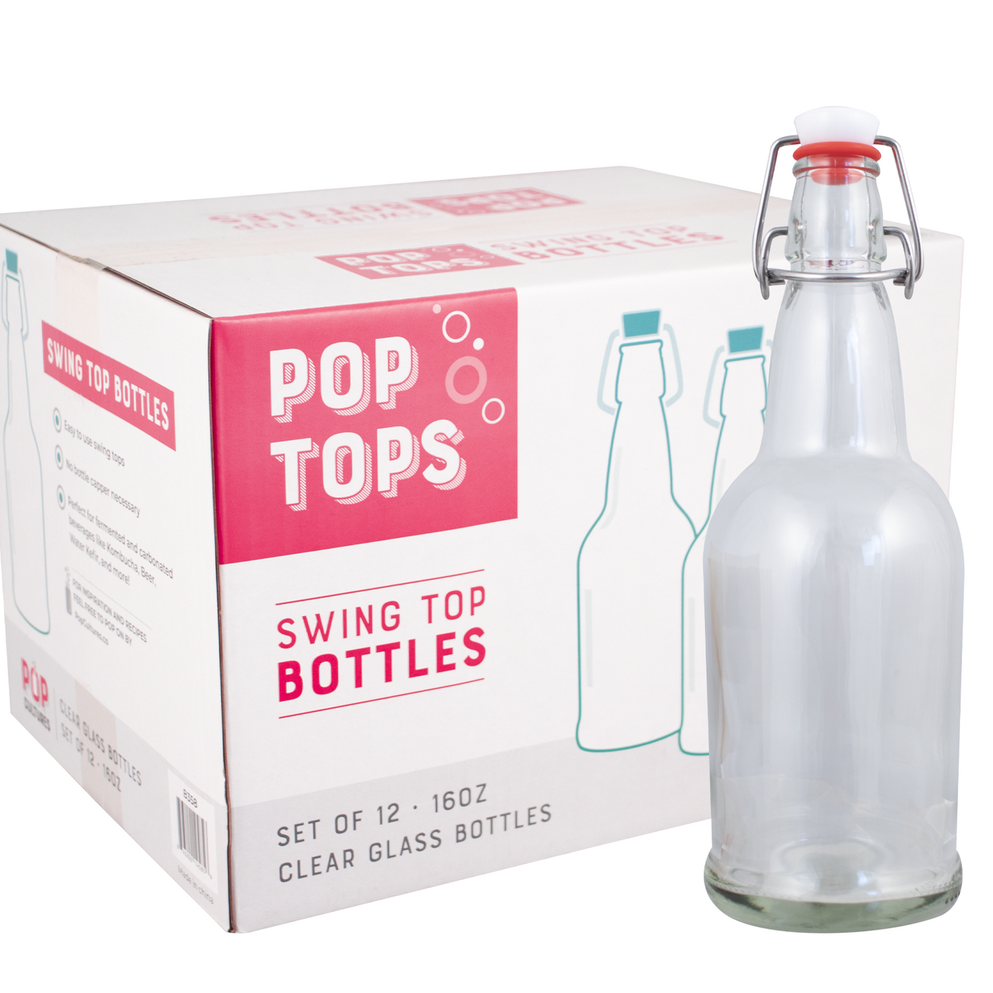 PopTops Swing Top Bottles | 16 oz | Clear | Case of 12